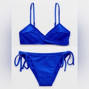 NWT Aerie FULL SET Shine Rib Twist Scoop Top + String Tie Bottom Royal Blue - S